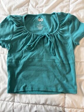 SO Teal Ribbed Tie-Front Crop Top